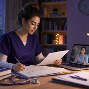 Nursing student planning an urgent assignment with an online tutor