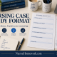 Nursing case study format guide with a professional study desk and structured writing outline